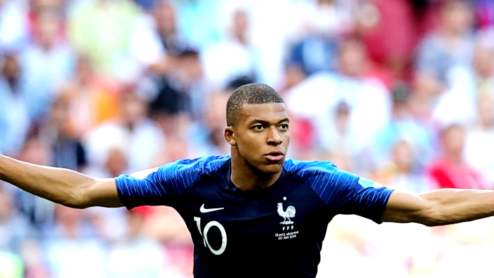 Kylian Mbappe of France celebrates after scoring at the World Cup