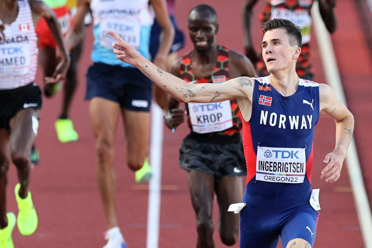 Jakob Ingebrigtsen of Norway wins the gold in the Men's 5000m Final at the World Athletics Championships 2022