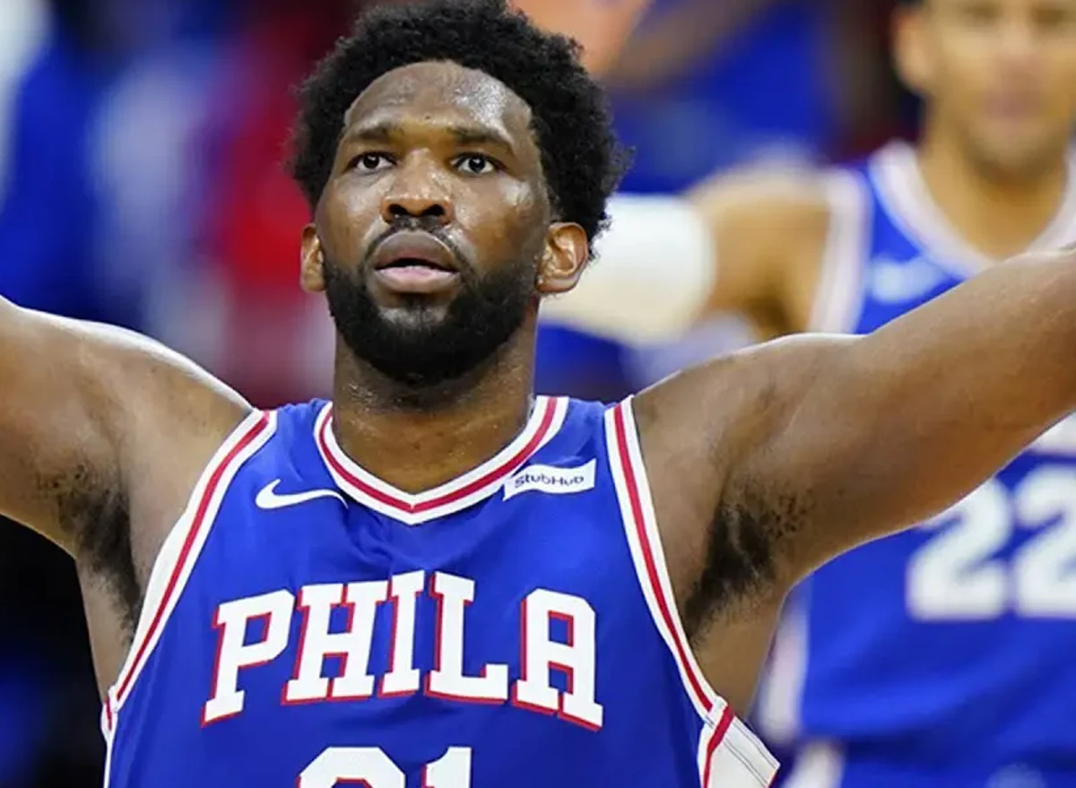 Joel Embiid of Philadelphia 76ers reacts after a game