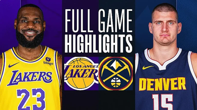 LeBron James and Nikola Jokic in NBA highlights. Denver Nuggets vs Los Angeles Lakers