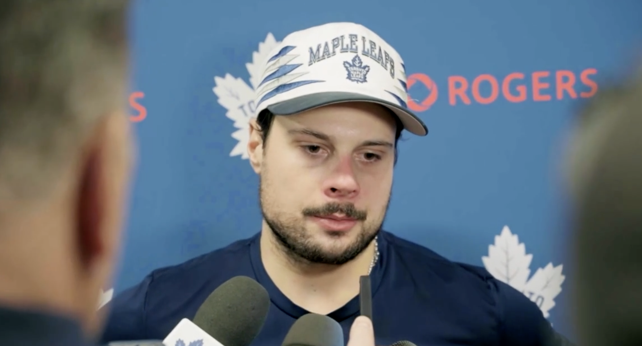 Auston Matthews speaks with the media following the Toronto Maple Leafs' 5-2 win over the Philadelphia Flyers